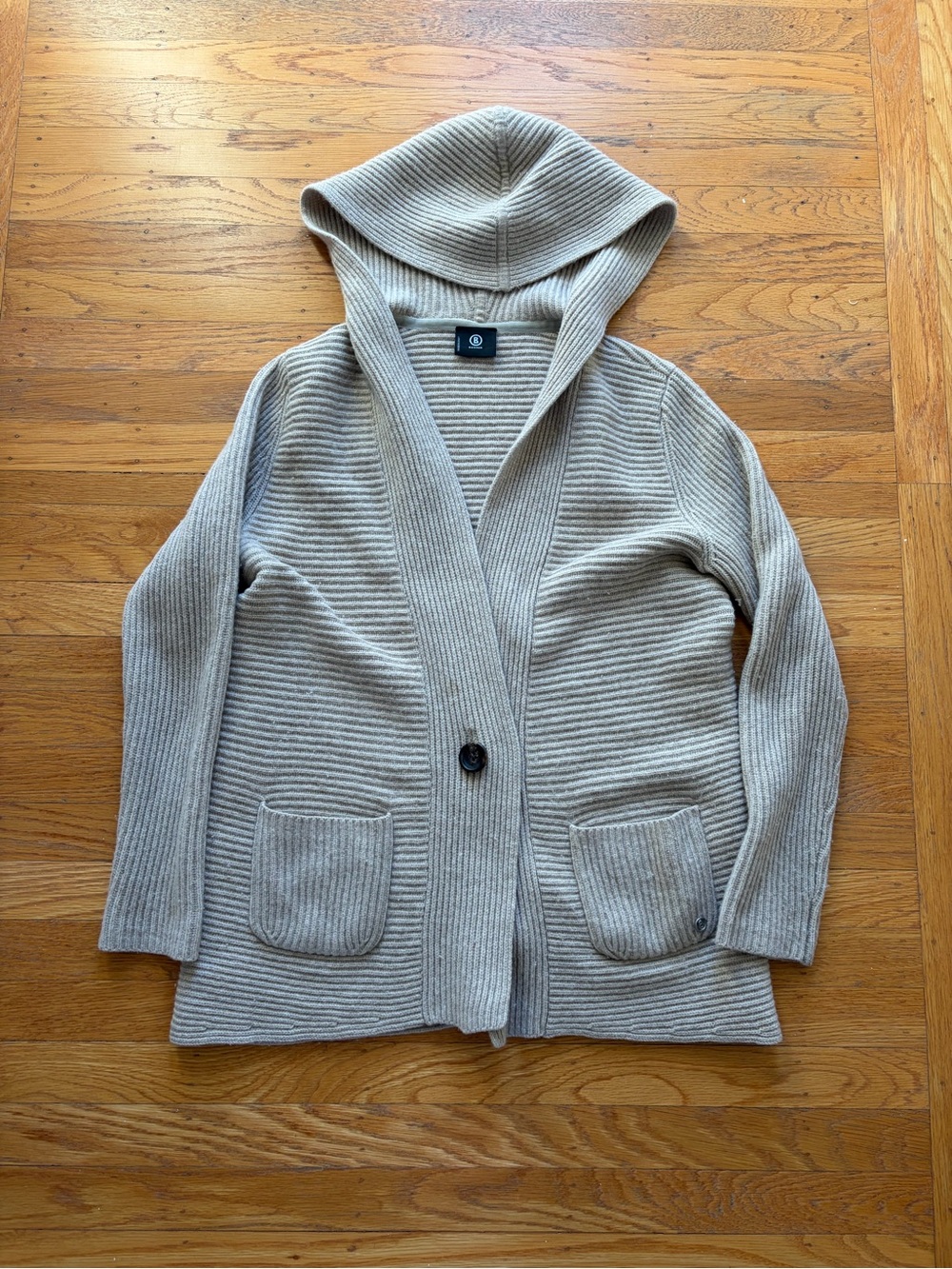 Bogner Ribbed Hooded Knit Cardigan in Light Beige
